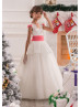 V Neck Ivory Lace Tulle Flower Girl Dress With Coral Bows